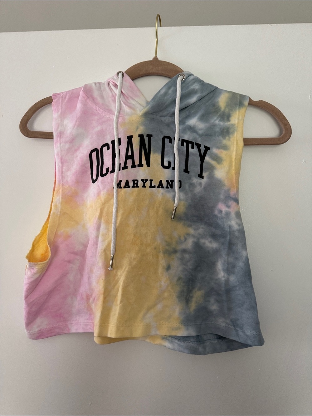 Exist Tie-Dye Sleeveless Hooded Crop Top - Pink, Yellow, Blue
